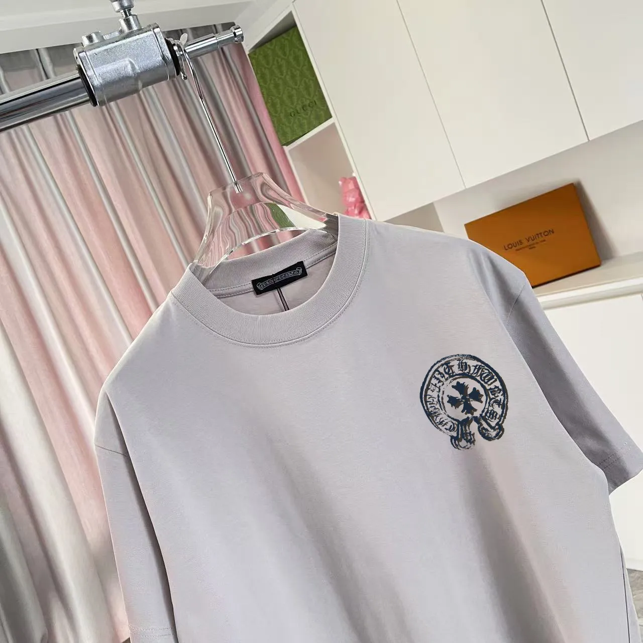 🅿️170 ch Cro* 2025 summer new style Sanskrit cross horseshoe print short-sleeved T-shirt customized fabric 300g same style for men and women Size: S M L XL XXL five sizes Color: black white rose red iron gray